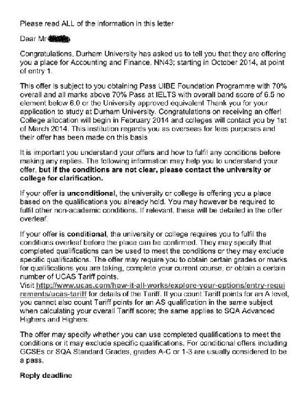外经贸2014级王同学英国杜伦大学OFFER